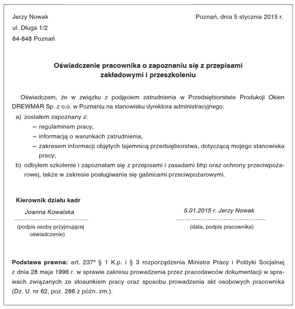 Oświadczenie pracownika o zapoznaniu się z przepisami zakładowymi i przeszkoleniu Oświadczenie pracownika o zapoznaniu się z przepisami zakładowymi i przeszkoleniu