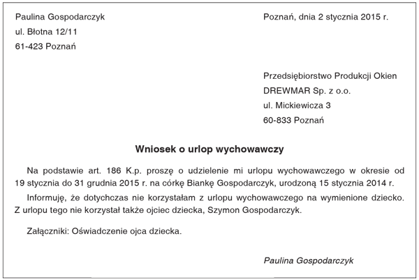 Przykład wniosku o urlop wychowawczy oraz oświadczenia drugiego rodzica o braku zamiaru korzystania z uprawnienia