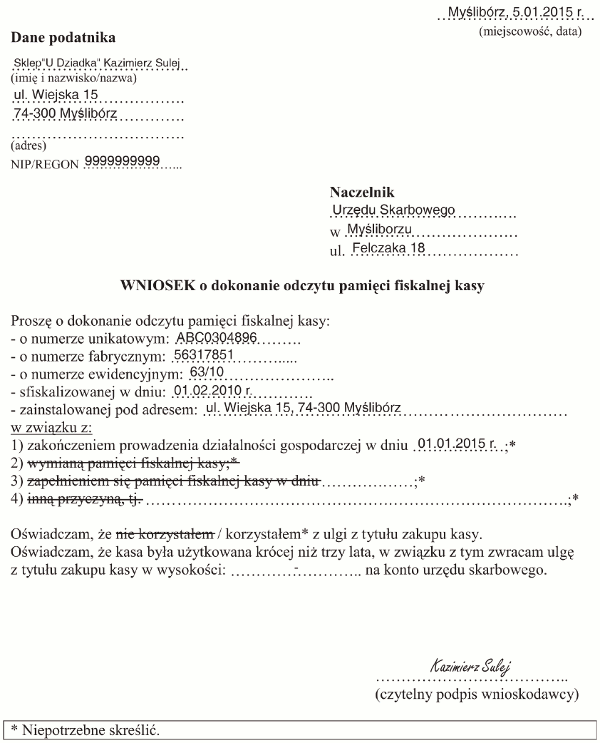 Wniosek o dokonanie odczytu pamięci kasy Wniosek o dokonanie odczytu pamięci kasy