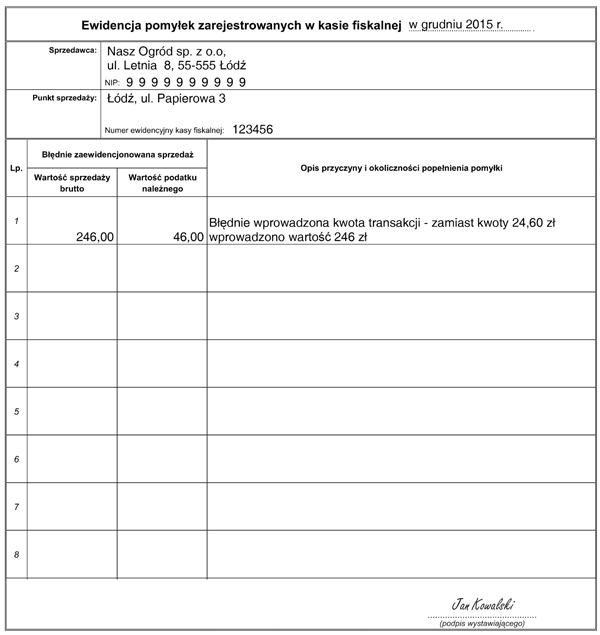 Ewidencja pomyłek zarejestrowanych w kasie fiskalnej