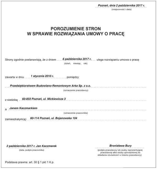 Porozumienie stron w sprawie rozwiązania umowy o pracę Porozumienie stron w sprawie rozwiązania umowy o pracę