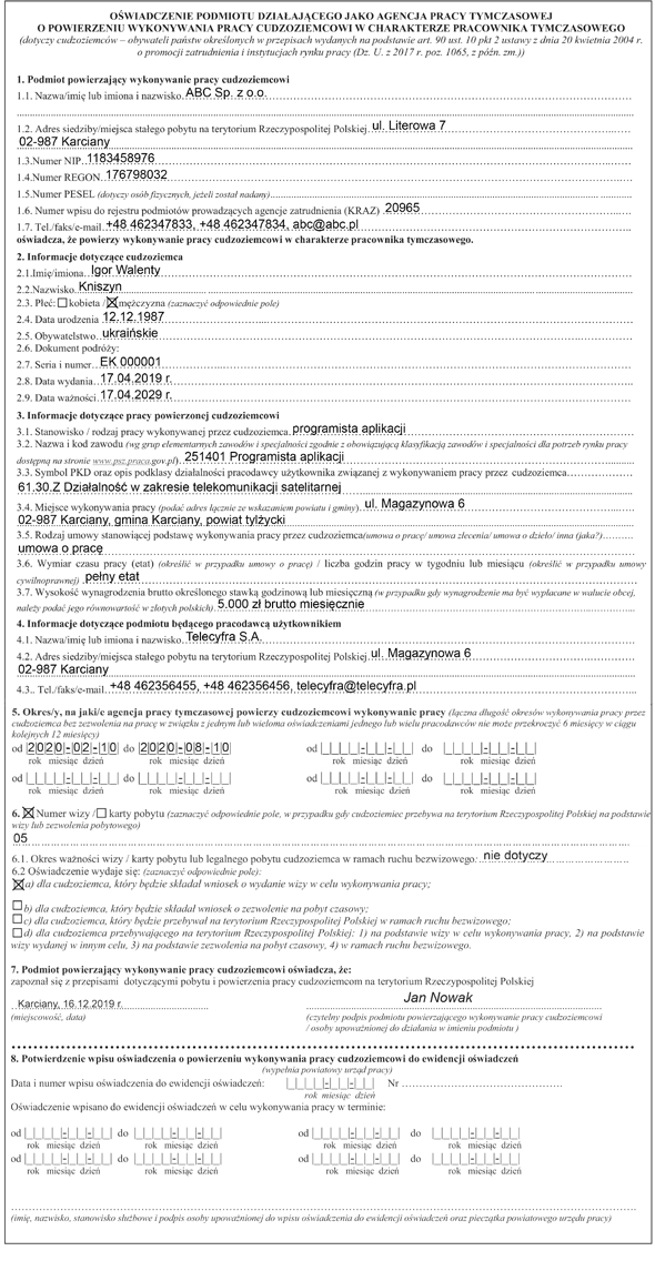 Przykład oświadczenia agencji pracy tymczasowej