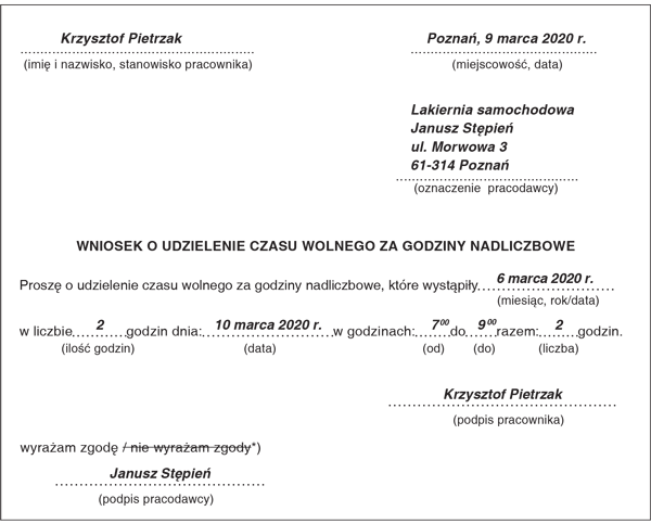 Przykład wniosku o udzielenie czasu wolnego w zamian za pracę w godzinach nadliczbowych Przykład wniosku o udzielenie czasu wolnego w zamian za pracę w godzinach nadliczbowych