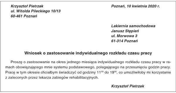 Przykład wnioskuo zastosowanie indywidualnego rozkładu czasu pracy Przykład wnioskuo zastosowanie indywidualnego rozkładu czasu pracy