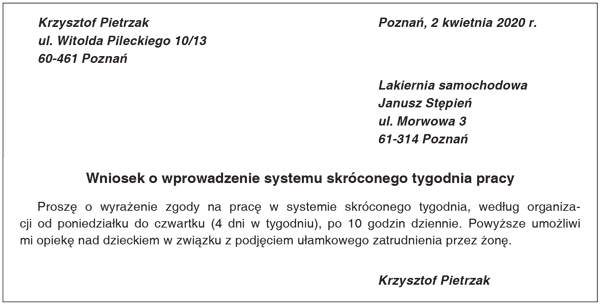 Przykład wniosku o zastosowanie systemu skróconego tygodnia pracy