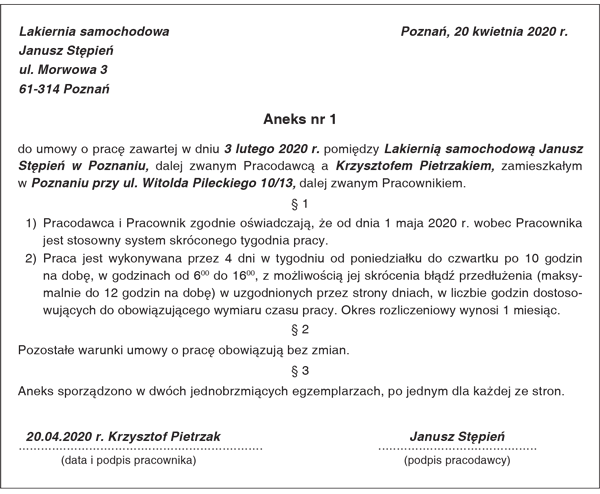 Przykład aneksu do umowy o pracę wprowadzającego system skróconego tygodnia pracy