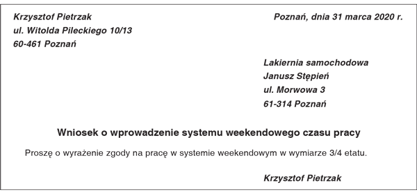 Przykład wniosku o zastosowanie systemu weekendowego