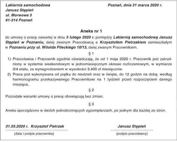 Przykład aneksu do umowy o pracę wprowadzającego system weekendowy