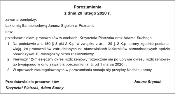 Przykład porozumienia w sprawie wydłużenia okresu rozliczeniowego