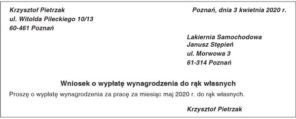 Przykład wniosku o wypłatę wynagrodzenia do rąk własnych