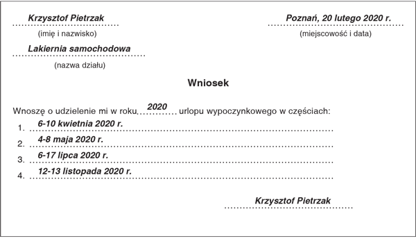 Przykład wniosku o podział urlopu na części