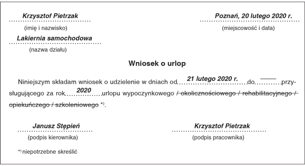 Przykład wniosku o urlop