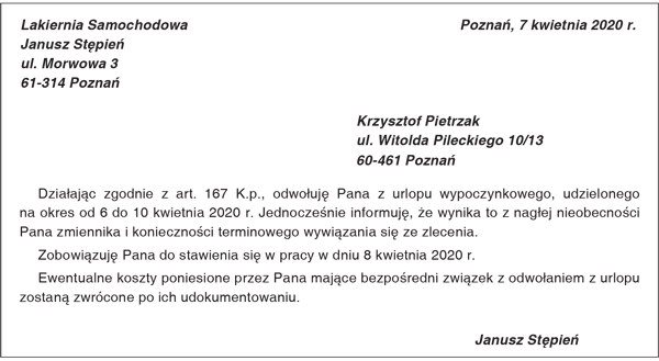 Przykład pisma odwołującego pracownika z urlopu wypoczynkowego