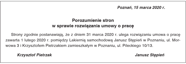 Przykład porozumienia stron w sprawie rozwiązania umowy o pracę