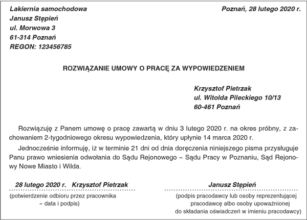 Przykład oświadczenia woli pracodawcy o rozwiązaniu umowy o pracę za wypowiedzeniem