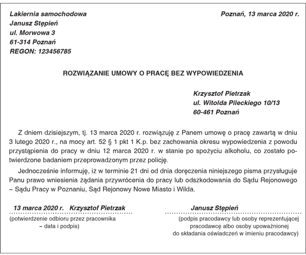 Przykład oświadczenia pracodawcy o rozwiązaniu umowy o pracę bez wypowiedzenia