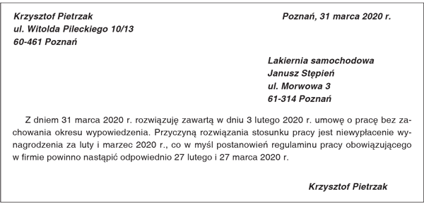 Przykład oświadczenia pracownika o rozwiązaniu umowy o pracę bez wypowiedzenia z winy pracodawcy