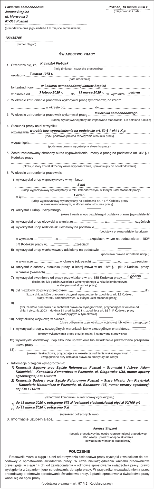 Przykład świadectwa pracy Przykład świadectwa pracy