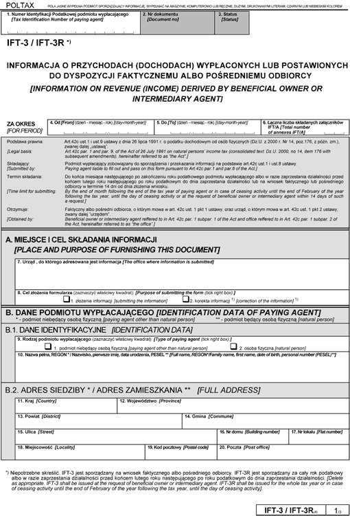 IFT-3/IFT-3R. Informacja o przychodach (dochodach) wypłaconych lub postawionych do dyspozycji faktycznemu albo pośredniemu odbiorcy