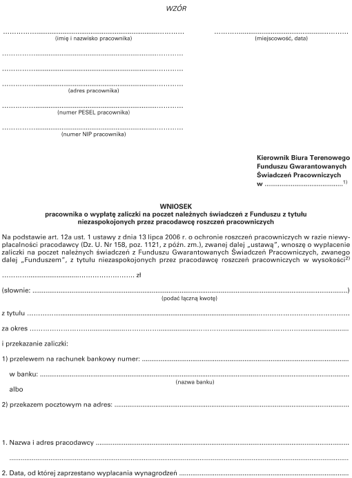 Wniosek pracownika o wypłatę zaliczki na poczet należnych świadczeń z Funduszu z tytułu niezaspokojonych przez pracodawcę roszczeń pracowniczych