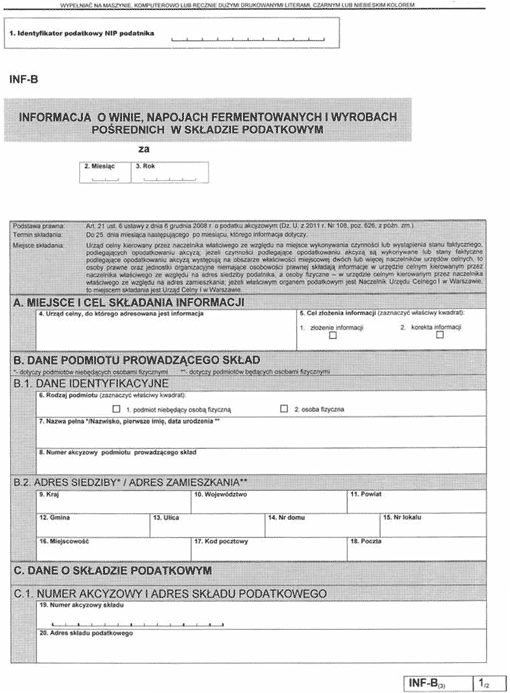 INF-B. Informacja o winie, napojach fermentowanych i wyrobach pośrednich w składzie podatkowym