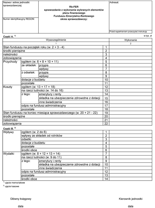 Rb-FER sprawozdanie z wykonania wybranych elementów planu finansowego Funduszu Emerytalno-Rentowego Rb-FER sprawozdanie z wykonania wybranych elementów planu finansowego Funduszu Emerytalno-Rentowego