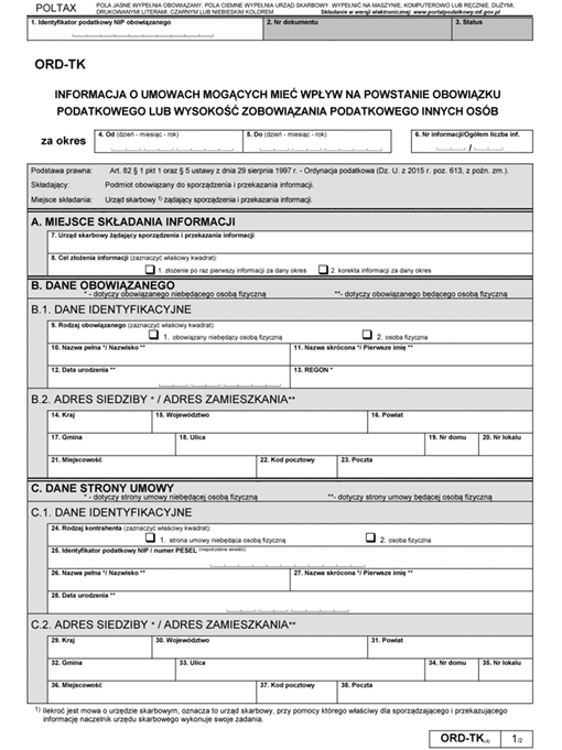 ORD-TK - Informacja o umowach mogących mieć wpływ na powstanie obowiązku podatkowego lub wysokość zobowiązania podatkowego innych osób