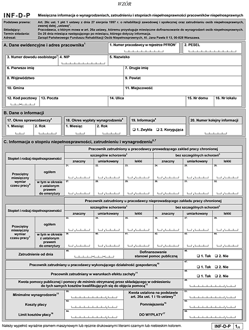 INF-D-P. Miesięczna informacja o wynagrodzeniach, zatrudnieniu i stopniach niepełnosprawności pracowników niepełnosprawnych INF-D-P. Miesięczna informacja o wynagrodzeniach, zatrudnieniu i stopniach niepełnosprawności pracowników niepełnosprawnych