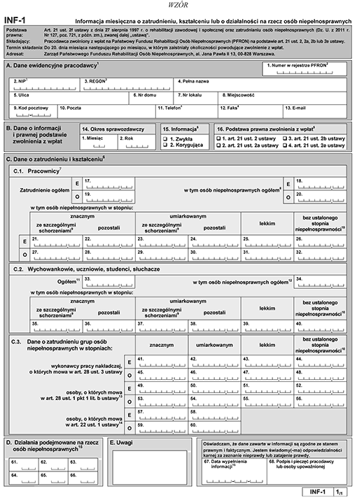 INF-1. Informacja miesięczna o zatrudnieniu, kształceniu lub o działalności na rzecz osób niepełnosprawnych INF-1. Informacja miesięczna o zatrudnieniu, kształceniu lub o działalności na rzecz osób niepełnosprawnych