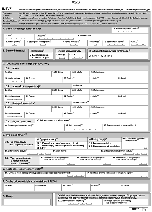 INF-Z. Informacja miesięczna o zatrudnieniu, kształceniu lub o działalności na rzecz osób niepełnosprawnych - informacja ewidencyjna INF-Z. Informacja miesięczna o zatrudnieniu, kształceniu lub o działalności na rzecz osób niepełnosprawnych - informacja ewidencyjna