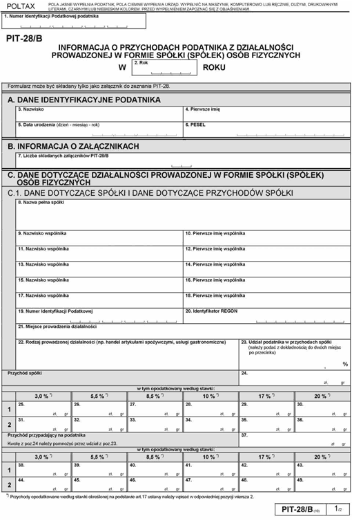 PIT-28/B. Informacja o przychodach podatnika z działalności prowadzonej w formie spółki (spółek) osób fizycznych
