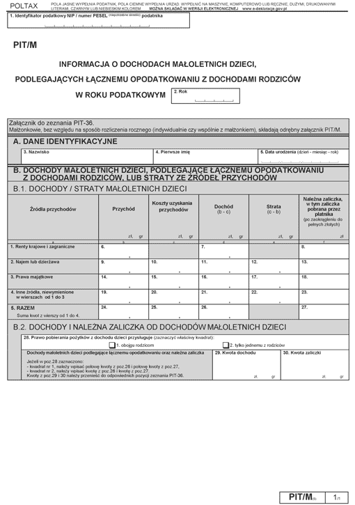 PIT/M. Informacja o dochodach małoletnich dzieci, podlegających łącznemu opodatkowaniu z dochodami rodziców PIT/M. Informacja o dochodach małoletnich dzieci, podlegających łącznemu opodatkowaniu z dochodami rodziców