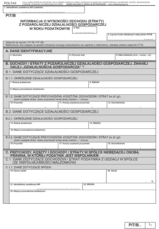 PIT/B. Informacja o wysokości dochodu (straty) z pozarolniczej działalności gospodarczej PIT/B. Informacja o wysokości dochodu (straty) z pozarolniczej działalności gospodarczej