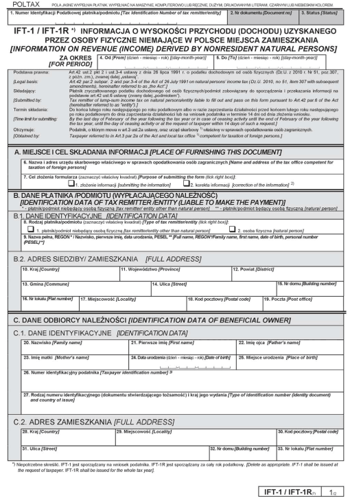 IFT-1 / IFT-1R. Informacja o wysokości przychodu (dochodu) uzyskanego przez osoby fizyczne niemające w Polsce miejsca zamieszkania IFT-1 / IFT-1R. Informacja o wysokości przychodu (dochodu) uzyskanego przez osoby fizyczne niemające w Polsce miejsca zamieszkania