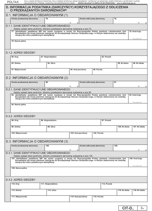 CIT-D. Informacja podatnika podatku dochodowego od osób prawnych o otrzymanych/przekazanych darowiznach CIT-D. Informacja podatnika podatku dochodowego od osób prawnych o otrzymanych/przekazanych darowiznach