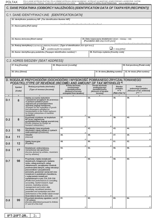 IFT-2/IFT-2R. Informacja o wysokości przychodu (dochodu) uzyskanego przez podatników podatku dochodowego od osób prawnych niemających siedziby lub zarządu na terytorium Rzeczypospolitej Polskiej IFT-2/IFT-2R. Informacja o wysokości przychodu (dochodu) uzyskanego przez podatników podatku dochodowego od osób prawnych niemających siedziby lub zarządu na terytorium Rzeczypospolitej Polskiej