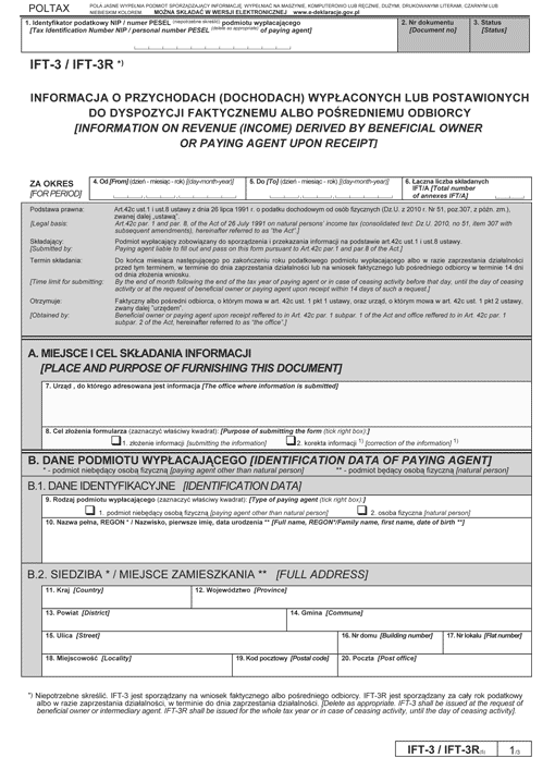 IFT-3/IFT-3R. Informacja o przychodach (dochodach) wypłaconych lub postawionych do dyspozycji faktycznemu albo pośredniemu odbiorcy