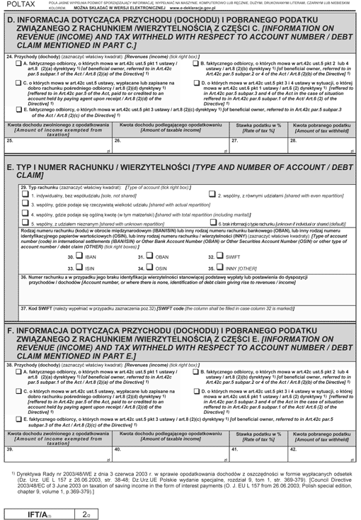 IFT/A. Informacja o numerach rachunków i wysokości przychodów (dochodów) wypłaconych lub postawionych do dyspozycji faktycznemu albo pośredniemu odbiorcy