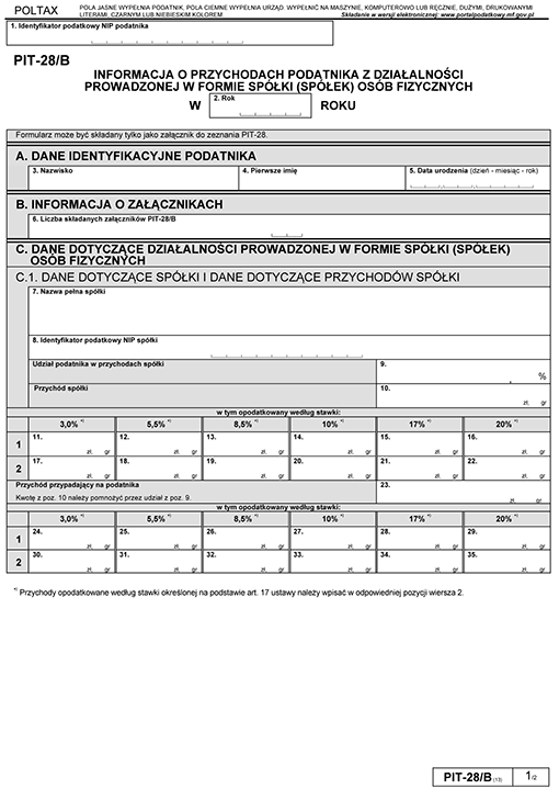 PIT-28/B. Informacja o przychodach podatnika z działalności prowadzonej w formie spółki (spółek) osób fizycznych) PIT-28/B. Informacja o przychodach podatnika z działalności prowadzonej w formie spółki (spółek) osób fizycznych)