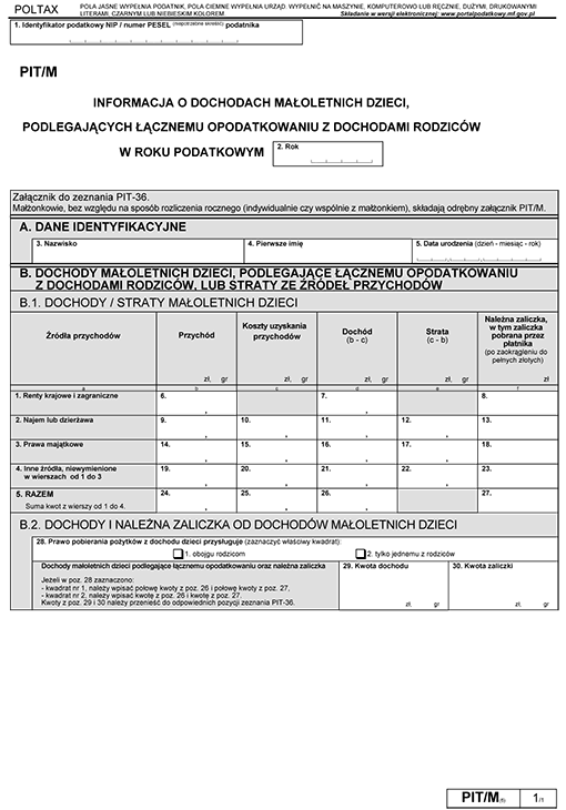 PIT/M. Informacja o dochodach małoletnich dzieci, podlegających łącznemu opodatkowaniu z dochodami rodziców PIT/M. Informacja o dochodach małoletnich dzieci, podlegających łącznemu opodatkowaniu z dochodami rodziców