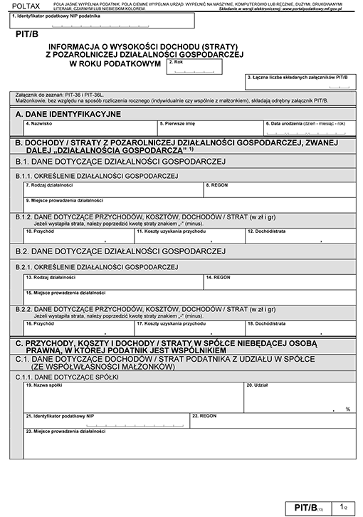 PIT/B. Informacja o wysokości dochodu (straty) z pozarolniczej działalności gospodarczej PIT/B. Informacja o wysokości dochodu (straty) z pozarolniczej działalności gospodarczej
