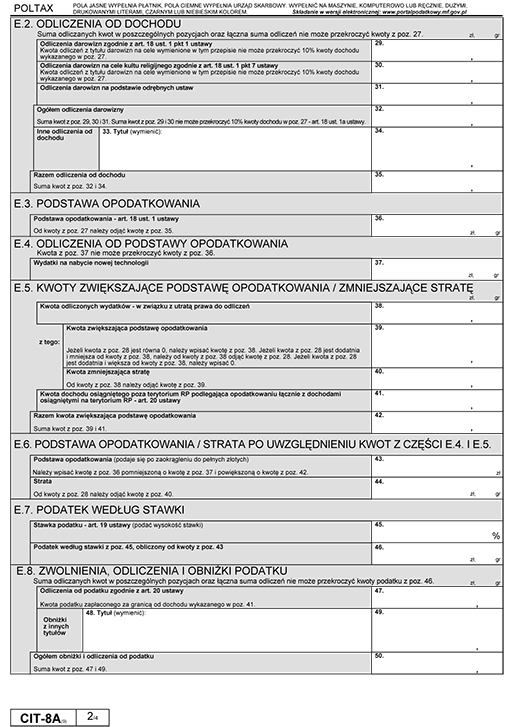 CIT-8A. Zeznanie o wysokości osiągniętego dochodu (poniesionej straty) przez podatkową grupę kapitałową - podatnika podatku dochodowego od osób prawnych CIT-8A. Zeznanie o wysokości osiągniętego dochodu (poniesionej straty) przez podatkową grupę kapitałową - podatnika podatku dochodowego od osób prawnych