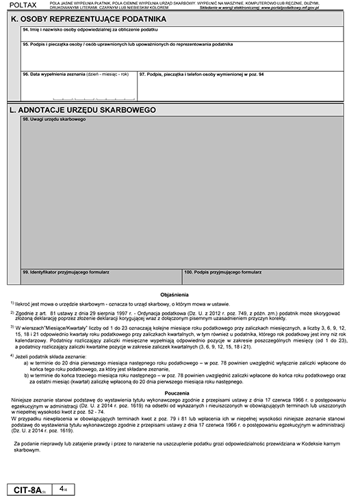 CIT-8A. Zeznanie o wysokości osiągniętego dochodu (poniesionej straty) przez podatkową grupę kapitałową - podatnika podatku dochodowego od osób prawnych CIT-8A. Zeznanie o wysokości osiągniętego dochodu (poniesionej straty) przez podatkową grupę kapitałową - podatnika podatku dochodowego od osób prawnych