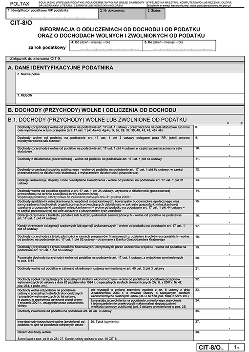 CIT-8/O. Informacja o odliczeniach od dochodu i od podatku oraz o dochodach wolnych i zwolnionych od podatku CIT-8/O. Informacja o odliczeniach od dochodu i od podatku oraz o dochodach wolnych i zwolnionych od podatku