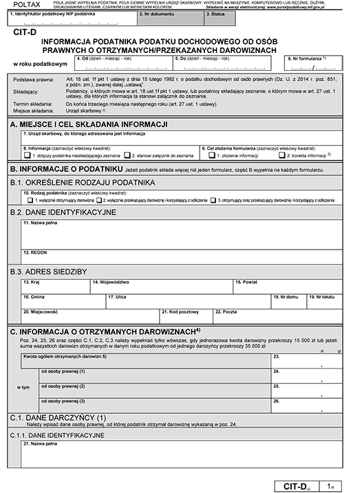 CIT-D. Informacja podatnika podatku dochodowego od osób prawnych o otrzymanych/przekazanych darowiznach CIT-D. Informacja podatnika podatku dochodowego od osób prawnych o otrzymanych/przekazanych darowiznach