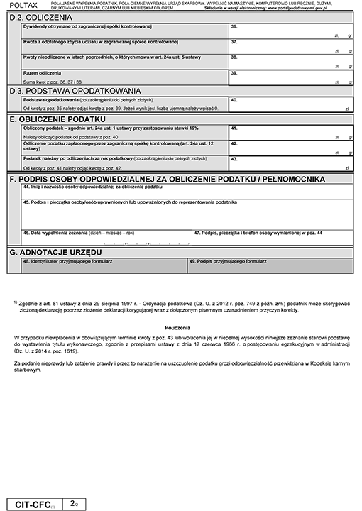CIT-CFC. Zeznanie o wysokości osiągniętego dochodu z zagranicznej spółki kontrolowanej przez podatnika podatku dochodowego od osób prawnych
