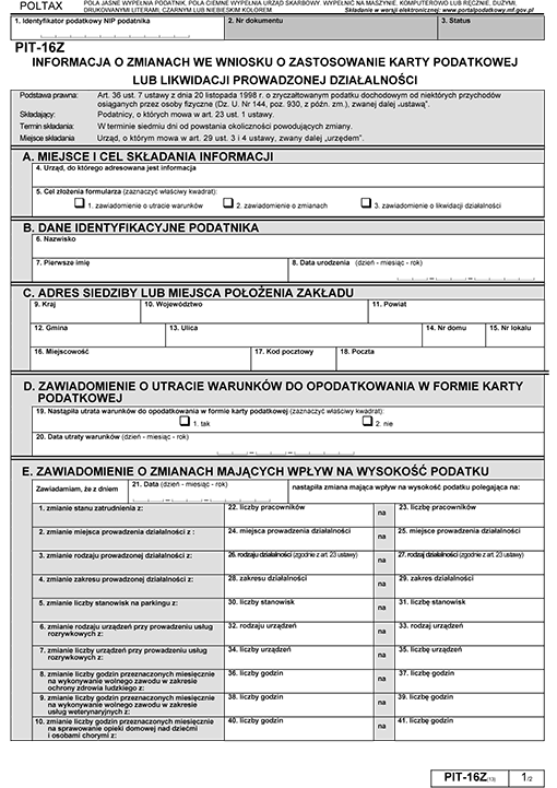 PIT-16Z. Informacja o zmianach we wniosku o zastosowanie karty podatkowej lub likwidacji prowadzonej działalności