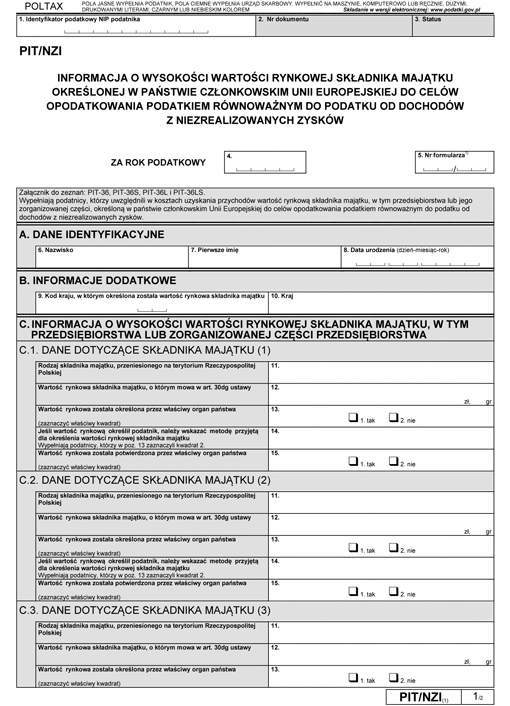 PIT/NZI Informacja o wysokości wartości rynkowej składnika majątku określonej w państwie członkowskim Unii Europejskiej do celów opodatkowania podatkiem równoważnym do podatku od dochodów z niezrealizowanych zysków
