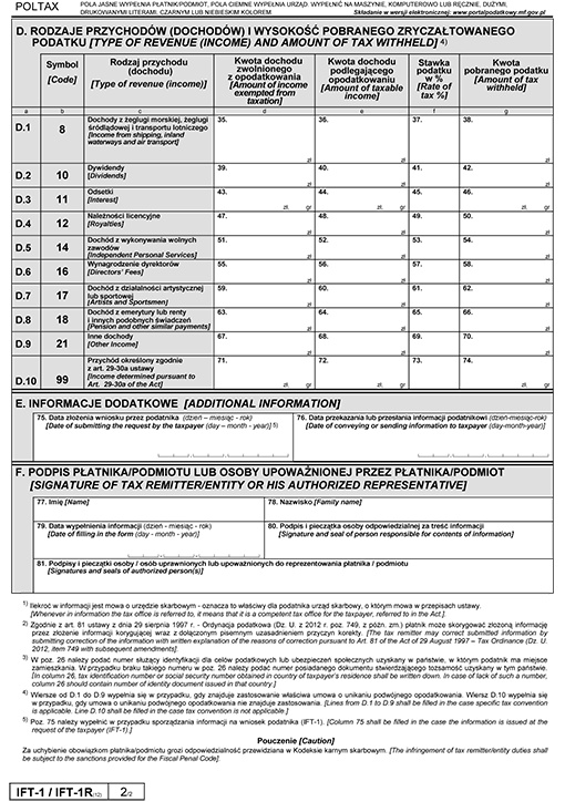 IFT-1 / IFT-1R. Informacja o wysokości przychodu (dochodu) uzyskanego przez osoby fizyczne niemające w Polsce miejsca zamieszkania IFT-1 / IFT-1R. Informacja o wysokości przychodu (dochodu) uzyskanego przez osoby fizyczne niemające w Polsce miejsca zamieszkania