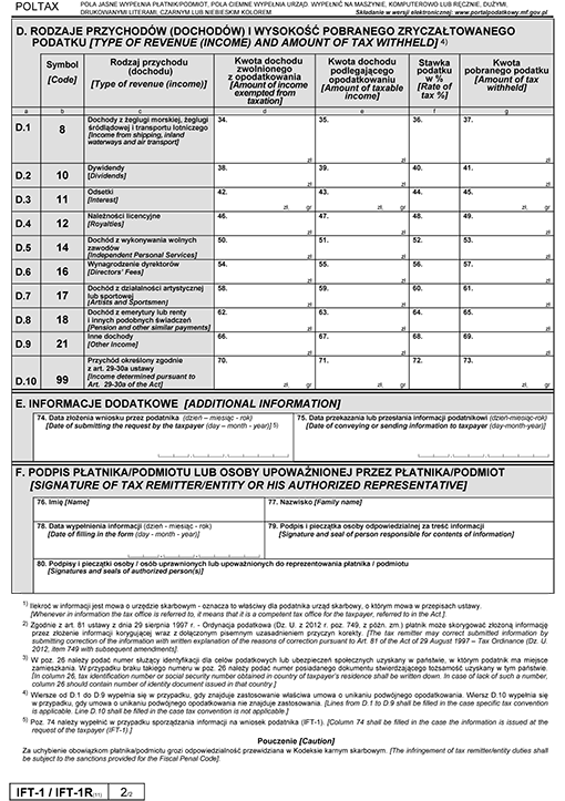IFT-1 / IFT-1R. Informacja o wysokości przychodu (dochodu) uzyskanego przez osoby fizyczne niemające w Polsce miejsca zamieszkania za okres ... 2014 IFT-1 / IFT-1R. Informacja o wysokości przychodu (dochodu) uzyskanego przez osoby fizyczne niemające w Polsce miejsca zamieszkania za okres ... 2014